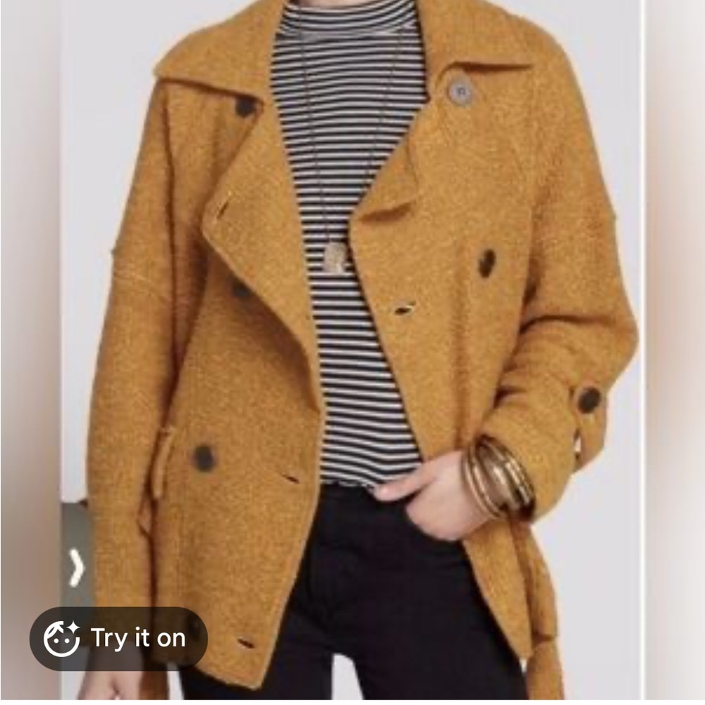 Free People Mustard Textured Wool-Blend Peacoat